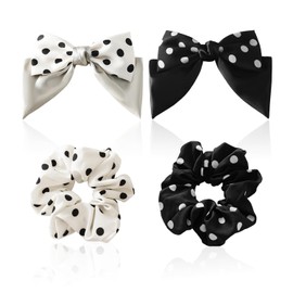 2 Pieces of Bow Hairpins and 2 Pieces of Hair Ties, Simple Bow Hairpins, Round Hairpins, Women's French Hairpins, Girls' Hair Accessories (Black, Champagne Color)