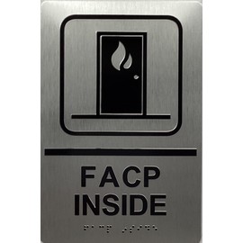 FACP INSIDE / fire alarm control panel inside SIGN Raised letters , Raised Image & Grade 2 Braille - Includes Red Adhesive pad for Easy Installation (9" W x 6" H , SILVER Color, Tacticle Sign, Aluminium) - The Sensation line