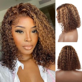 virginess Wear and Go Glueless Wigs Human Hair Pre Plucked Pre Cut Highlight 4/27 Deep Wave Wigs for Black Women Human Hair Bob Wig with Elastic Band Upgraded 4x4 Lace Closure Wigs (14Inch)