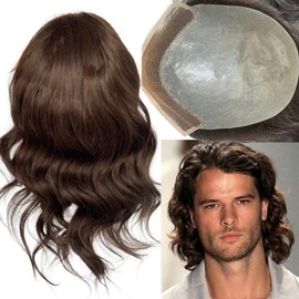 Voloria 12" Long Hair Men's Toupee Hair Replacement Systems Swiss Lace Front Natural Hairline Hairpieces Thin Skin PU V-looped 10"x8" Loose Wave(#3 Dark Brown Color)