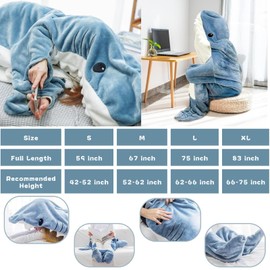 siluowna Shark Wearable Blanket Hoodie Onesie, Soft Cozy Flannel Pajamas, Comfort Hooded Sharks Costume, Both for Adult&Kids (S)
