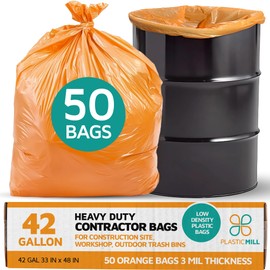 PlasticMill Contractor Bags Heavy Duty - Commercial, Industrial Garbage Bags - Orange Construction Trash Bags - Outdoor, Garden Trash Bags, 42-Gallon, 3 Mil, 33"x48" (50-Count)
