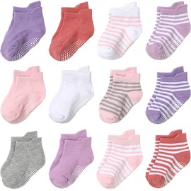 Aroveea Non Slip Grip Ankle Baby Socks 12 Pack for Toddler Boys and Girls Kids Socks,Infant Cute Cotton Baby Socks, Stripe2, 1-3T