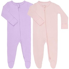 GUISBY Footed Long Sleeve Baby Pajamas with Zipper Cotton Infant Sleepers Light Pink+Purple 9-12 Months