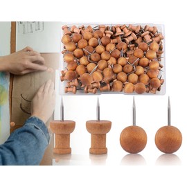 ZoeTekway Pack of 100 Wooden Round Pins, Wooden Push Pins, Round Head, Wooden Push Tacks, Push Pins for Bulletin Board, Cork Board, Map, Photos, Office Supplies (Two Shapes)