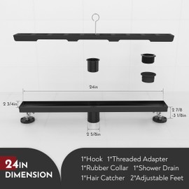 WEBANG 24 Inch Linear Shower Drain Rectangular Floor Drain with Accessories Fence Pattern Cover Grate Removable SUS304 Stainless Steel Watermark&CUPC Certified Matte Black
