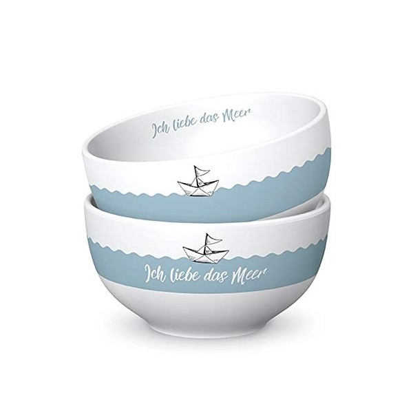 Geschenk Für Dich :-) La Vid La Vid Cereal Bowl with "I Love the Sea" Design Blue / White Diameter 13 cm Height 7 cm Maritime Porcelain
