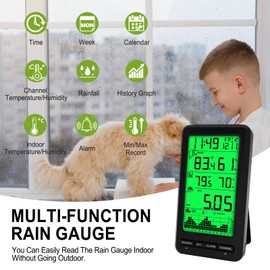 Urageuxy Wireless Digital Rain Gauge with Thermometer and Humidity, Digital Rain Gauge with Self-Emptying Rain Collector, Rainfall History, Min/Max Records, Alerts, Rain Measure Gauges for Yard Garden