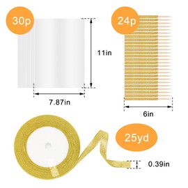 Coldairsoap Gold Sticks for Candy Apples, 24P Candy Apple Sticks with 30p Candy Bags & 1 Roll 25yd Glitter Ribbon, Caramel Apple Bling Pointed Skewers for Christmas/Party DIY Candy Apple Kits