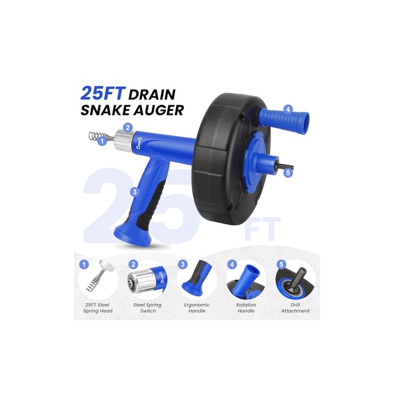 XJX 25FT Drain Snake with Drill Adapter for Easy Clog
