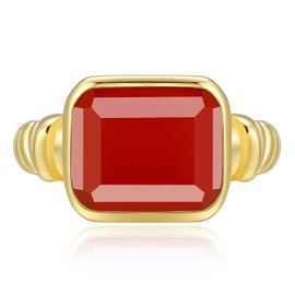 Phyonio Carnelian Ring Women's 14K Gold Plated Chunky Rings with Emerald Cut Carnelian Stainless Steel Signet Ring Red Stone Statement Band Ring Size 7