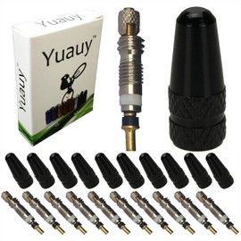 Yuauy 10 PCs Presta Tubeless No Tube Valve Stem Core Copper Universal Accessory replacement + 10 pcs Black Metal Bike Bicycle Road Racing Coloured Valve Cap Dust Covers