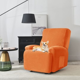 Deisy Dee 4-Piece, 1 Seat Recliner Cover, Soft Velvet Recliner Chair Covers- Stay-in-Place Slipcovers for Recliner Chair (Orange)