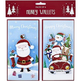 Partisan Products Christmas Xmas 3D Money Cash Gift Wallets & Envelopes, Cute Santa Designs - Pack of 4, Red