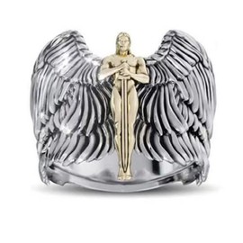HUKQBUNX 925 Sterling Silver 18K Gold Warrior Sword Angel Wings Two Color Men's Domineering Diamond Ring Size 6-10 (Size 7)