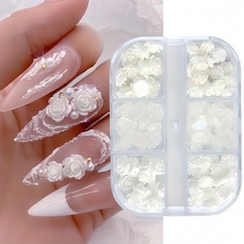 6 Grids White Camellia Nail Rhinestones,3D White Aurora Camellia Nail Art Charms Jewelry Acrylic Resin Flowers Design Floral Nail Design Nail Charm Supplies for Women Girls Nail Accessories Decoration