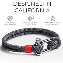 Elegatto Alchor Premium Rope Bracelet for Men | Nylon Marine Cord with Silver Polished Stainless Steel Shackle Closure | Waterproof and Fade-Resistant | Men’s Designer Bracelets | Gray Small (6.5")