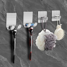4 Packs Shower Hooks for Inside Shower, Self Adhesive Shaver Holder Hanger Hooks for Bathroom  Free Wall Hooks for Razor Loofah Sponge - Color: Silver-8packs