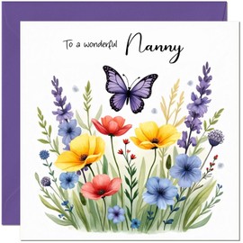 Lovely Nanny Birthday Card with Flowers & Butterfly design - Floral Birthday Cards for Nanny Nan