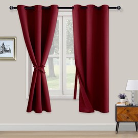 XWZO Blackout Curtains Shades Window Curtain Panels with Tiebacks- Noise Reduction and Light Blocking Grommet Curtains for Bedroom,Living Room,Office,Study Room Burgundy W46xL72