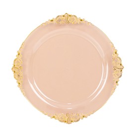 Balsa Circle 10 Transparent Blush Round 10" Disposable Plastic Salad Dinner Plates Gold Embossed Baroque Trim Party Events Reception Decorations Supplies