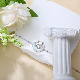 LWQQWL Cat Bracelet for Women 925 Sterling Silver Opal Moon Cat Bracelet Cute Moon Cat Jewelry Gifts