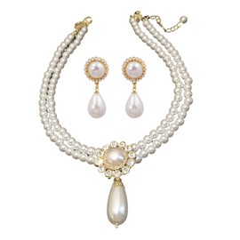 Wedding Pearl Necklace Earrings Set Bridal Camellia Flower Pendant Necklace Chain Vintage Crystal Flower Jewelry for Women (White B)