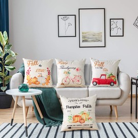 Artscope Set of 4 Decorative Cushion Covers 45 x 45 cm, Autumn Theme, Cotton Linen Cushion Covers, Decorative Cushion Cover Set, Cushion Case for Sofa, Car, Bedroom, Home Decor, Pumpkin - F, 45 x 45 cm