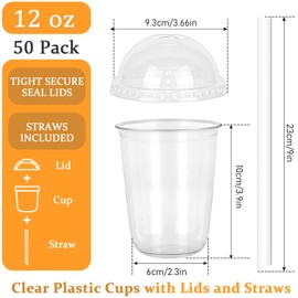 50 Sets Clear Plastic Cups with Dome Lids and Straws, 12 oz Disposable PET Cold Drink Cups, Crystal Clear To Go Cup for Iced Coffee Milkshake Smoothies Bubble Boba Holiday Party