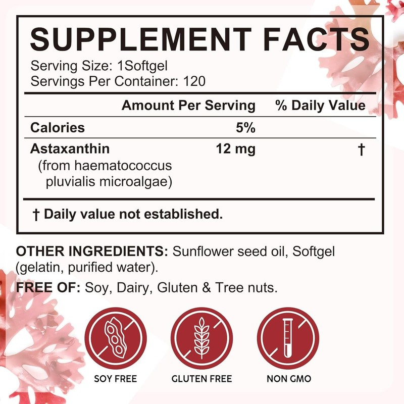 Astaxanthin 12mg Softgels from Microalgae – 120 Capsules – Antioxidant