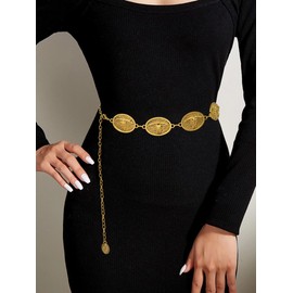 Liutufy Western Concho Belt for Women Metal Chain Link Belt Boho Chain Belts for Dresses Jeans(Bull Gold-L)