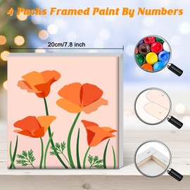 HEIBAGO Framed Paint by Numbers for Audlts Beginners, 4 Pack Flower Paint by Numbers Canvas for Beginners, Audlt DIY Floral Oil Paint by Numbers Kits, Painting Art Craft for Birthday Gifts,8×8 inch