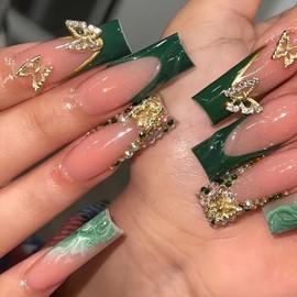 Handmade Press on Nails Long Square Fake Nails with 3D Rhinestones Butterfly Green French Tip Designs 24 Pcs Natural Reusable Acrylic Nail Full Cover Stick on Nail for Women Fashion Party WYFHDT