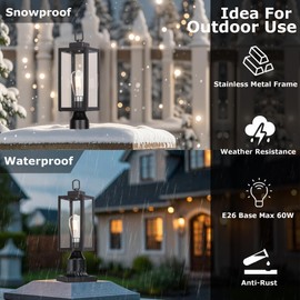 LIT-PaTH Outdoor Post Light, Pole Light with E26 Medium Base, Stainless Metal Housing Plus Glass, Outdoor Post Lighting Fixture for Garden Patio Porch, Matte Black Finish, Bulb Not Included, 1-Pack