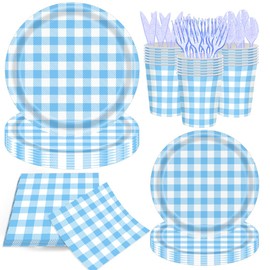 140Pcs Gingham Party Supplies for 20 Guests Thick Paper Plates and Napkins Knives Spoons Forks Cups Disposable Party Set Cutlery for Dinner Baby Shower Wedding Favor(Blue)