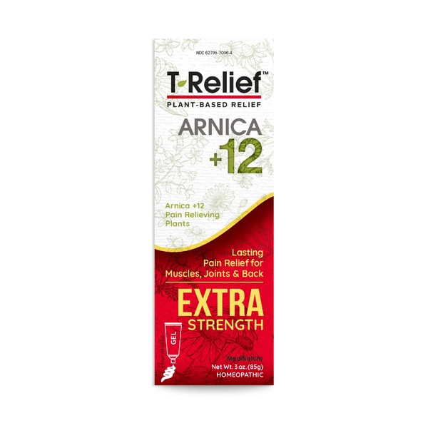 MediNatura T-Relief Extra Strength Gel Arnica +12 Natural Actives for Back Neck Joint Muscle Hand Foot Aches Pains & Soreness - 3 oz