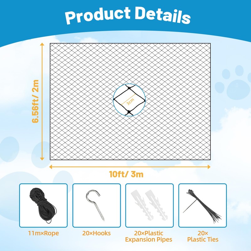 Lewondr Cat Netting Balcony, 10x13ft Steel Wire Reinforced Balcony Screen