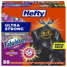 Hefty Ultra Strong 30 Gallon Trash Bags, Large Trash Bags 30 Gallon Size, Multipurpose, Break Resistant Drawstring Closure, Resists Leaks, Punctures, and Tears, Black, Fabuloso Scent, 50 Bags