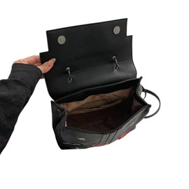 Convertible Travel Backpack, Leather with Patches and Plush Charm, Available in Black, Brown, Off White (Black)