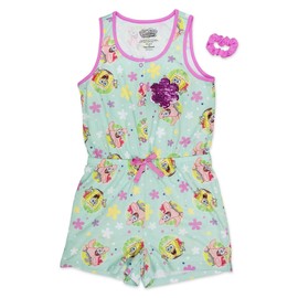 SpongeBob SquarePants and Patrick Star One Piece Tank Romper Pajamas for Girls with Hair Scrunchie, Mint, Large