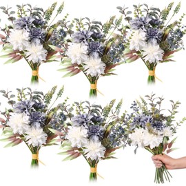 Thiccywoov 6 Pack Artificial Flowers Bouquet Fake Faux Flowers Silk Dahlia Blue White Plastic Flower Arrangements Wedding Bouquets Table Centerpieces Decors for Home Kitchen Garden Party (Blue White)