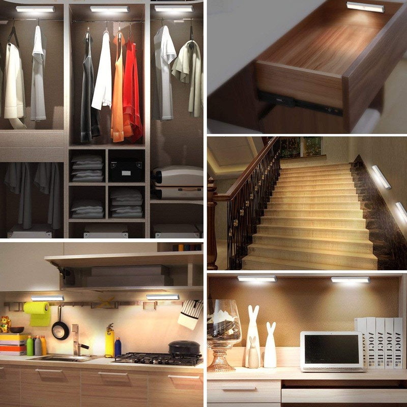 Wireless Motion Sensor Cabinet Lights 10-LED USB Rechargeable Closet Lights