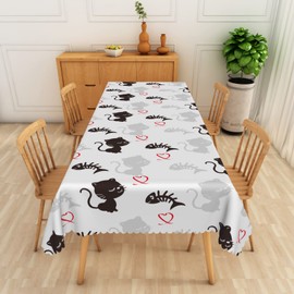 SIEDYCV Cartoon Cat Rectangle Tablecloth 60x140 Inch Cute Black Cat Fishbone Love Heart Fabric Table Cloth Polyester Oilproof Washable Pet Table Cover for Kitchen Dining Room Theme Party Decor