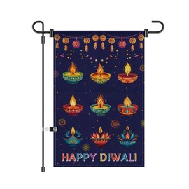 Happy Diwali Garden Flag Purple Decorative Elephant Design Lotus Flower Oil Lamp Banner for Indian Diwali Outdoor Garden Yard Decorations 12X18 IN (D2)