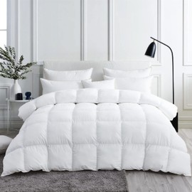 Luxurious White Solid Medium Weight, Oversize California King Size Goose Feathers Down Comforter for All-Season, 108 X 98 inches, Premium Baffle Box, 100% Egyptian Cotton Cover, 80 oz. Fill Weight