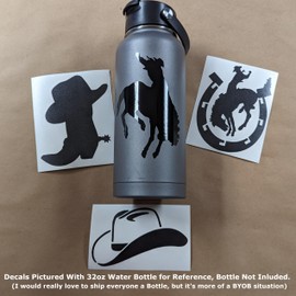 Cowboy Decal 4 Pack: Bucking Bronco Silhouette, Cowboy Hat, Hat and Boot, Bucking Bronco Horseshoe (Black, Large ~5")