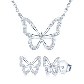 MICMIF 925 Sterling Silver Butterfly Earrings and Necklace Jewellery Set for Women Teens Girls, Dainty Cubic Zirconia Butterfly Earrings and Necklace Set Silver Jewelry