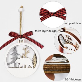 Winter Wonderland Christmas Ornaments - 6 Pack Farmhouse Rustic Winter Woodland Wooden Ornaments with Buffalo Plaid Bows - White Xmas Tree Decorations Glitter Tree Holiday Decor Tags