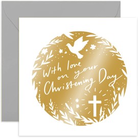 Old English Co. Gold Christening Day Card - Floral Dove Cross Design Greeting Card for Adult or Child - On Your Christening Day Card for Girl or Boy - Goddaughter Godson | Blank Inside Envelope