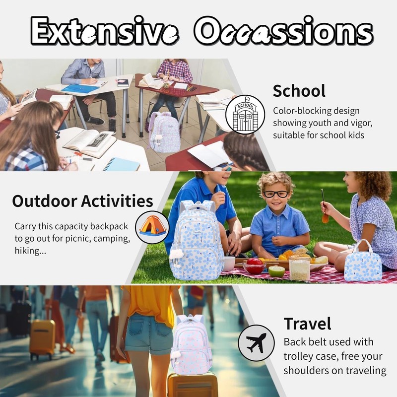 Bansusu 3Pcs Kids Backpack for Girls School Bag with Lunch